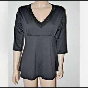 Sexy Black Crochet trim 3/4 sleeves Stretchy Tunic cleavage Top Plus Clubwear